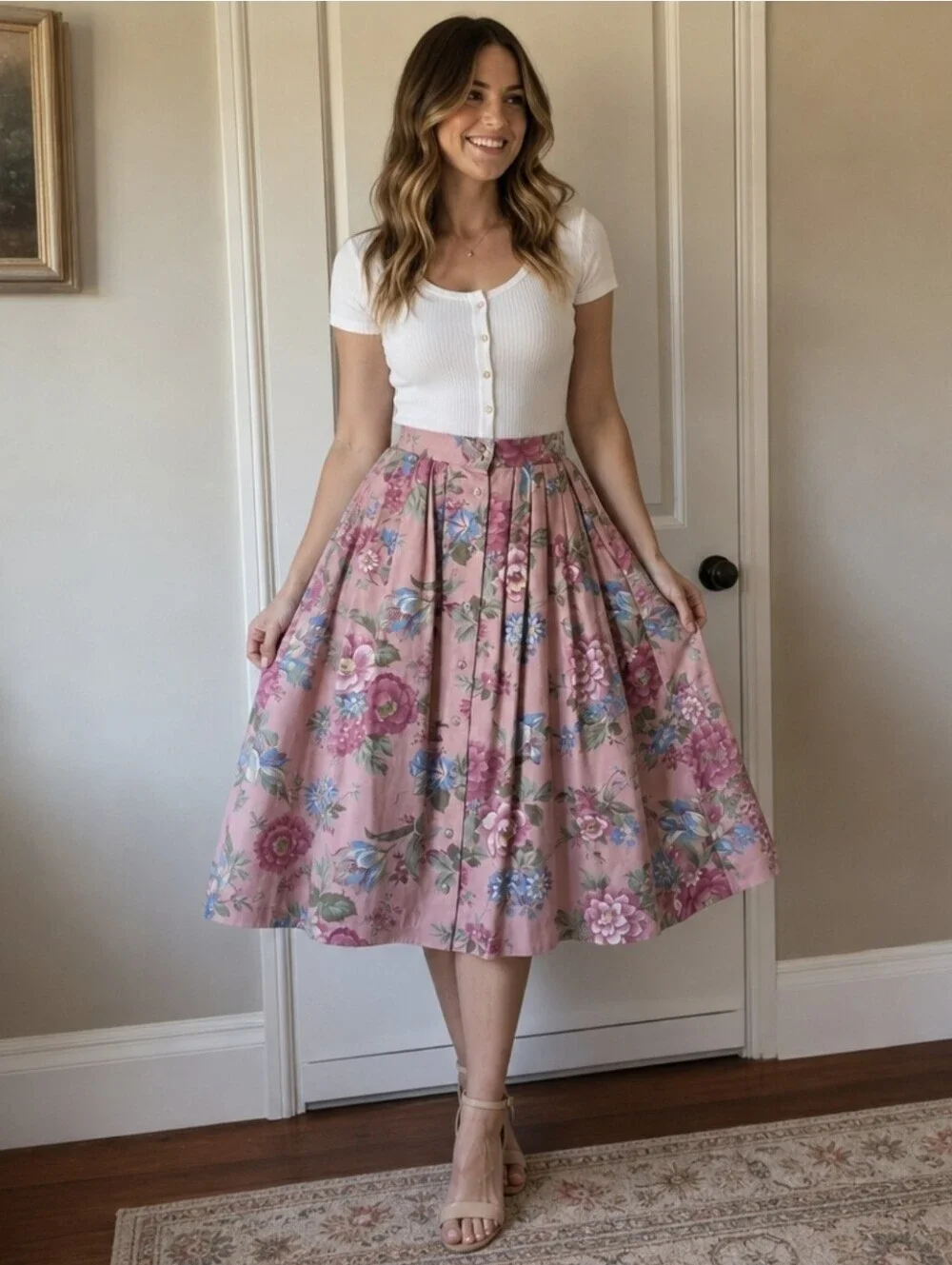 Vtg Ruff Hewn Floral Pleated Button Front Midi Skirt Pink Cotton Pockets USA 8